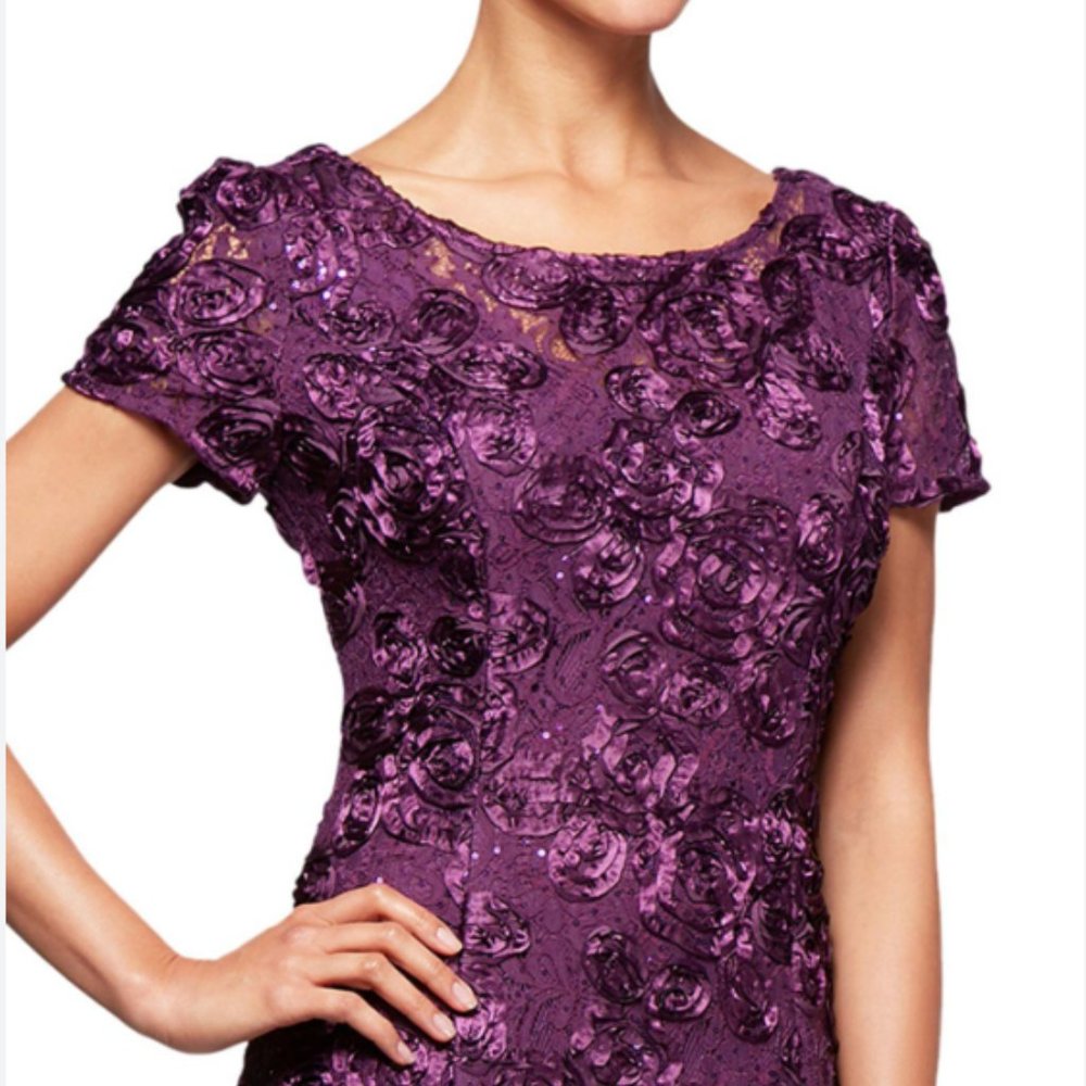 Alex Evenings Eggplant Purple Rosette Tea Length Evening Gown - Size 8